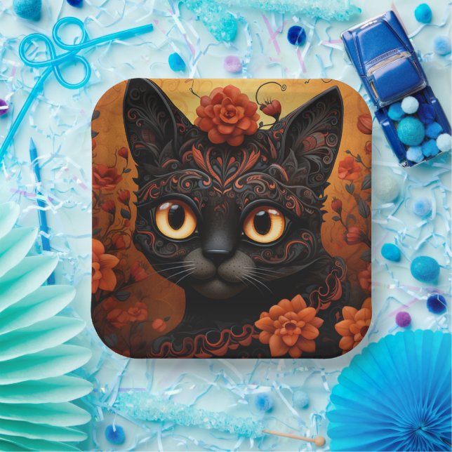 Custom text 💀😺 Gato De Los Muertos Paper Plates (Party)