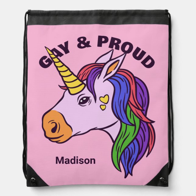 Custom Text Gay Unicorn Drawstring Bag (Front)