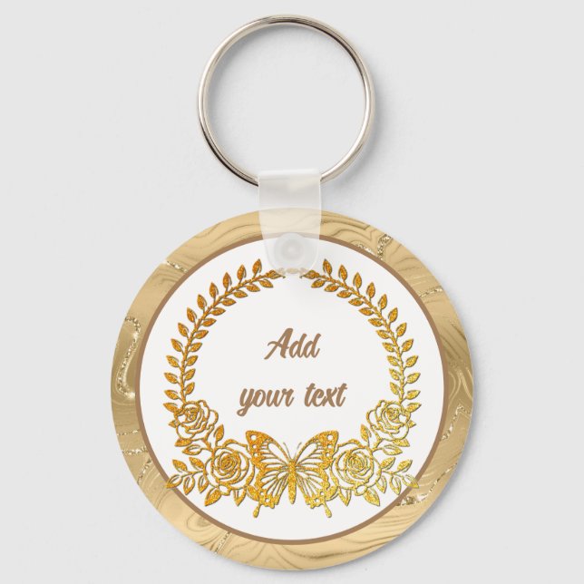 Custom Text, Gold Butterfly and Flower Keychain (Front)