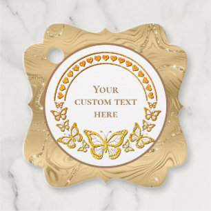 Custom Text, Gold Butterfly and Hearts Favor Tags
