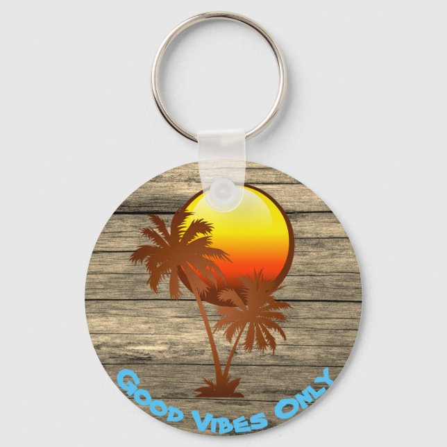 Custom Text Good Vibes Only Sunset Pier Beach Keychain (Front)
