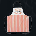 Custom Text Grandma Peach Stripe Kitchen  Apron<br><div class="desc">An elegant peach and white apron for grandma that can be customized to reflect whatever enduring name grandma goes by--Gigi, Nana, Nonna and many more. The top portion of the apron has the saying: My favorite people call me grandma with a floral swag at bottom all on a white background....</div>