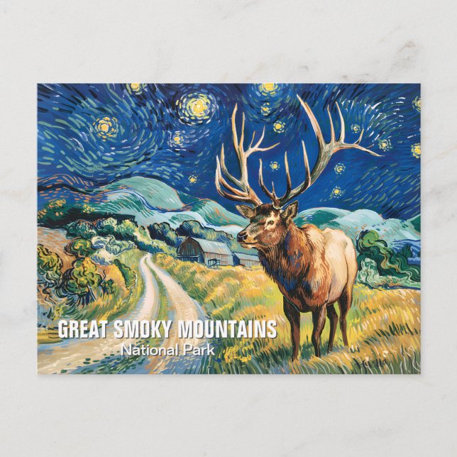 Custom Text Great Smoky Mountains Elk Van Gogh Art Postcard (Front)