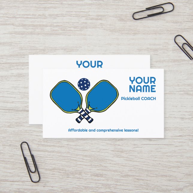 Custom text green & blue Pickleball  Business Card (Front/Back In Situ)