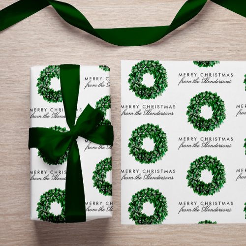 Custom Text Green Watercolor Wreath Christmas Wrapping Paper