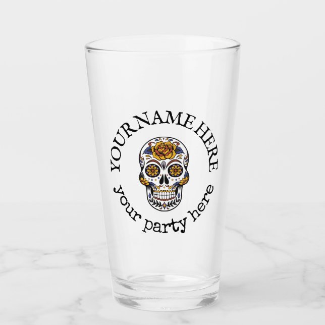 Custom Text Halloween Sugar Skull Beer Glass (Front)