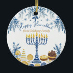 Custom text Hanukkah Harmony Keepsake Ceramic Ornament<br><div class="desc">This charming Hanukkah ceramic circle ornament, named “Hanukkah Harmony Keepsake, ” is a delightful addition to any holiday decor. The front features an elegant menorah with glowing candles, surrounded by intricate blue and gold patterns of leaves and coins, evoking the festive spirit of Hanukkah. The graceful script “Happy Hanukkah” at...</div>