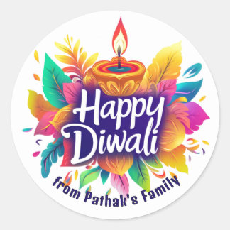 Custom text, Happy Diwali Diya & Leaves Classic Round Sticker