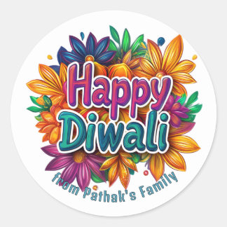 Custom text, Happy Diwali Floral Burst  Classic Round Sticker