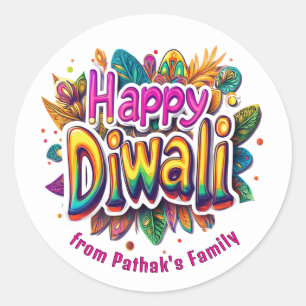 Custom text, Happy Diwali Leaf Burst Classic Round Sticker