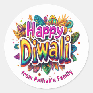 Custom text, Happy Diwali Leaf Burst  Classic Round Sticker