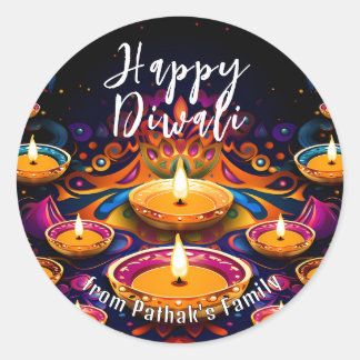 Custom text, Happy Diwali Multi‑Diyas  Classic Round Sticker