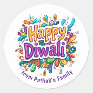 Custom text, Happy Diwali Swirl & Leaf Classic Round Sticker