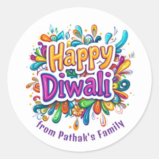 Custom text, Happy Diwali Swirl & Leaf  Classic Round Sticker