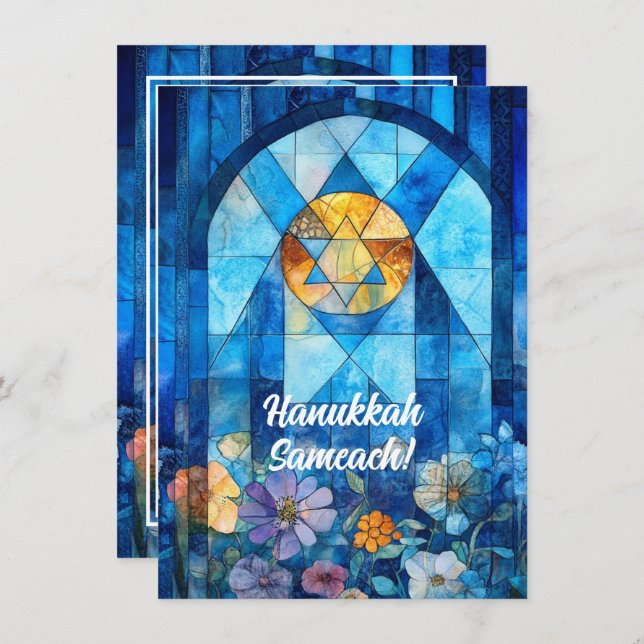 Custom text Happy Hanukkah, stained glass Holiday Card (Front/Back)