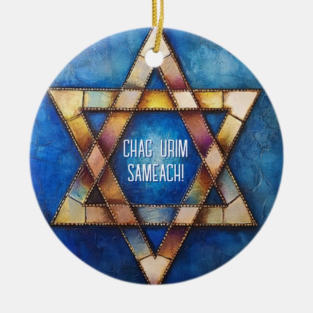 Custom text Happy Hanukkah✡️, Star of David Ceramic Ornament (Front)