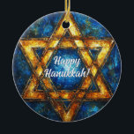 Custom text Happy Hanukkah✡️, Star of David Ceramic Ornament<br><div class="desc">This charming Hanukkah ceramic circle ornament, named “Starry Night Hanukkah Charm, ” is a delightful addition to any holiday decor. It features a radiant Star of David in a glowing golden hue set against a deep blue background, reminiscent of a starlit night sky. The elegant white script in the center...</div>