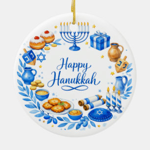 Custom text Happy Hanukkah Wreath Ceramic Ornament