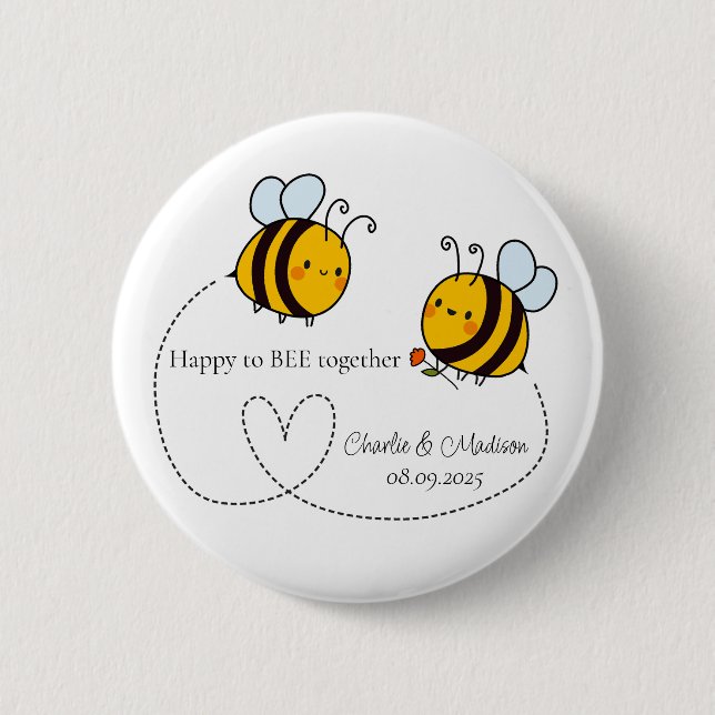 Custom Text Happy Love Bees Button (Front)