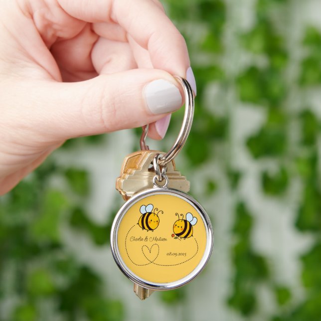 Custom Text Happy Love Bees Keychain (Hand)