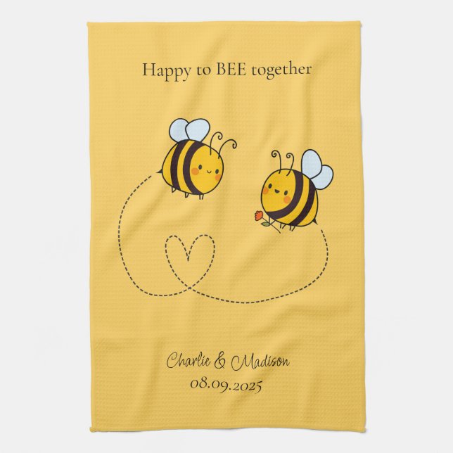 Custom Text Happy Love Bees Kitchen Towel (Vertical)