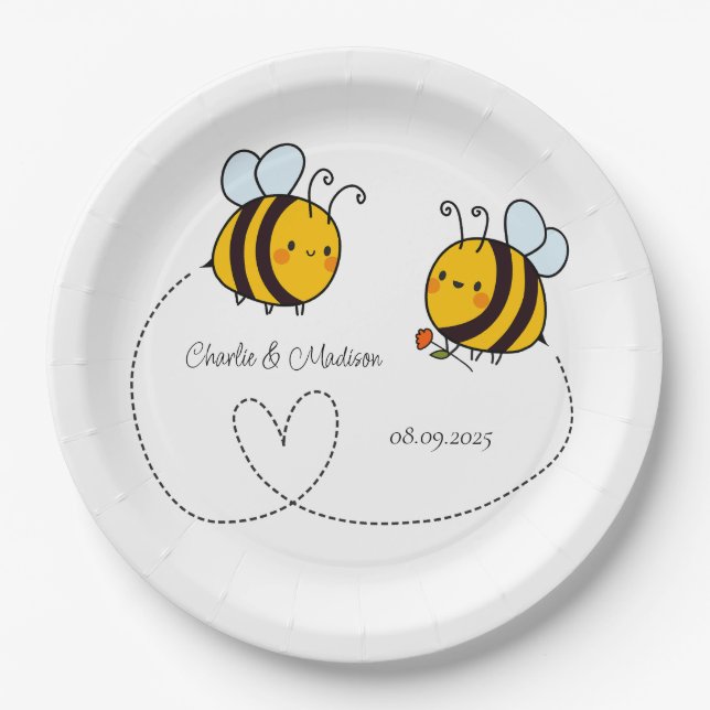 Custom Text Happy Love Bees Paper Plates (Front)