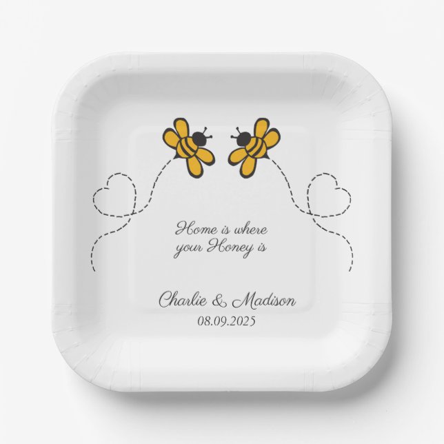 Custom Text Happy Love Bees Paper Plates (Front)