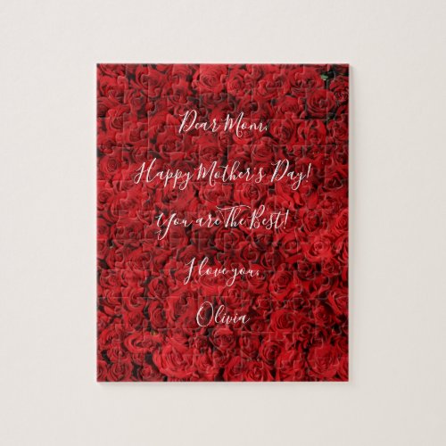 Custom Text Happy Mothers Day Red Roses Romantic Jigsaw Puzzle