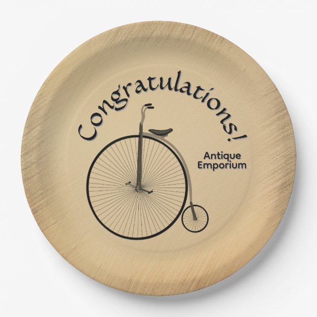 Custom Text High-Wheel Antique Bicycle Rustic  Paper Plates (Front)