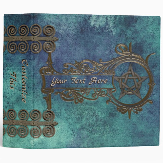 Custom Text Iron Pentacle Swirl Blue Green Shadows 3 Ring Binder (Front/Spine)