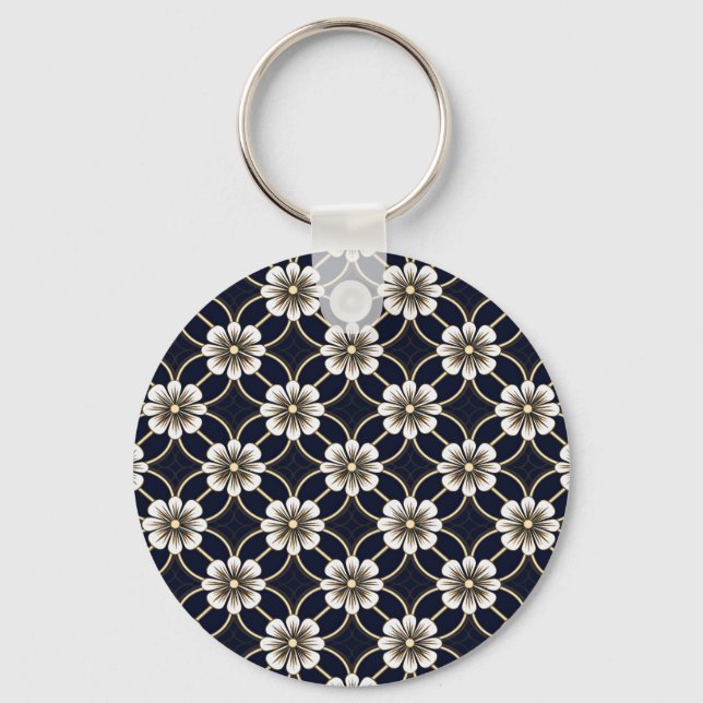 Custom Text Japanese Floral Pattern Keychain (Front)