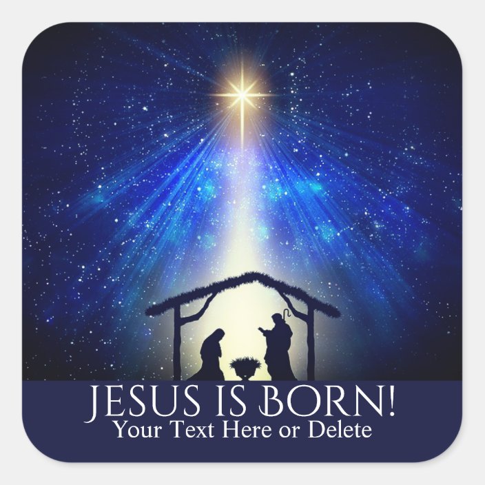 Custom Text Jesus is Born Nativity Christmas Star Square Sticker ...