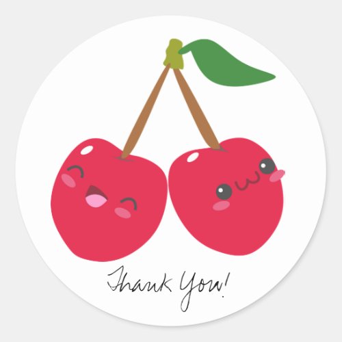 Custom Text Kawaii Happy Red Cherries Cute Fruit Classic Round Sticker