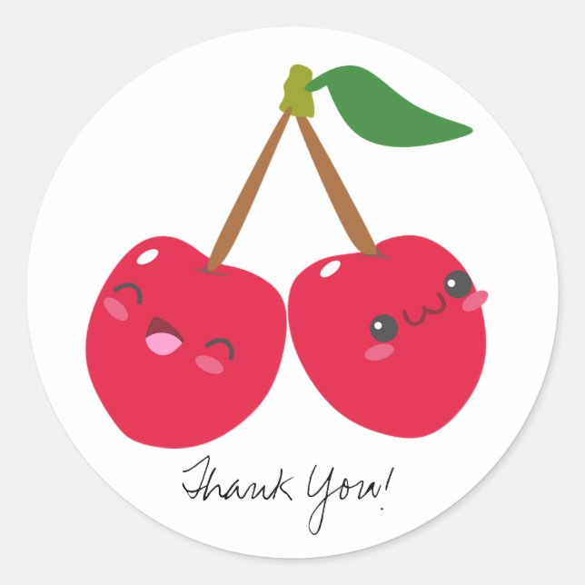 Custom Text Kawaii Happy Red Cherries Cute Fruit Classic Round Sticker (Front)