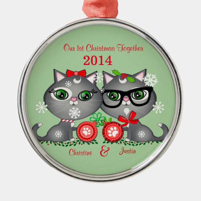 Custom Text Kitty Cat Couple's First Christmas Metal Ornament (Front)