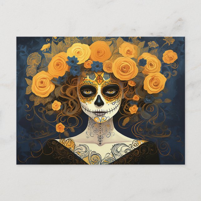 Custom text 💀  La Calavera Catrina with flowers Postcard (Front)