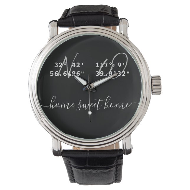 Custom Text Latitude Longitude B&W Coordinates Watch (Front)