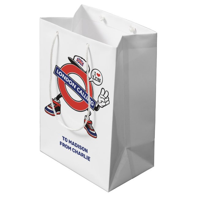 Custom Text London Calling Medium Gift Bag (Back Angled)