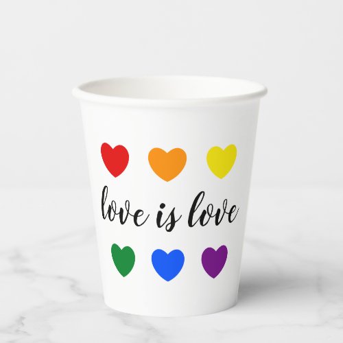 Custom Text Love is Love LGBT Rainbow Color Hearts Paper Cups
