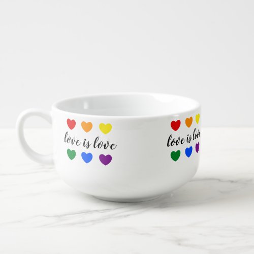 Custom Text Love is Love LGBT Rainbow Color Hearts Soup Mug