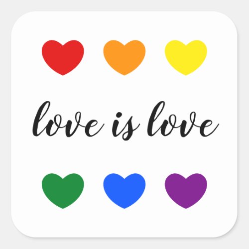 Custom Text Love is Love LGBT Rainbow Color Hearts Square Sticker