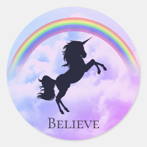 Custom Text Magic Unicorn Purple Clouds Rainbow Classic Round Sticker