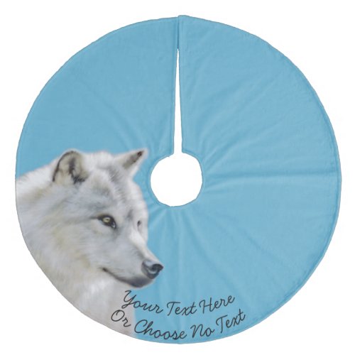 Custom Text Majestic White Wolf Painting on Blue Fleece Tree Skirt