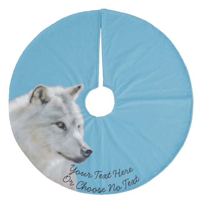 Custom Text/ Majestic White Wolf Painting on Blue Fleece Tree Skirt (Front)
