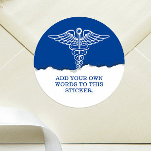 Custom Text Medical Caduceus Blue Classic Round Sticker