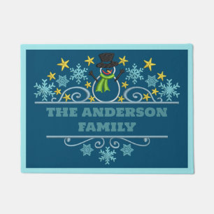 Custom Text Merry Christmas Ice Blue Snowman Doormat
