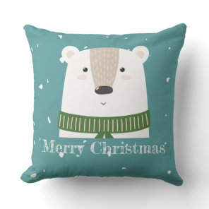 Custom text Merry Christmas Polar bear snow blue Throw Pillow