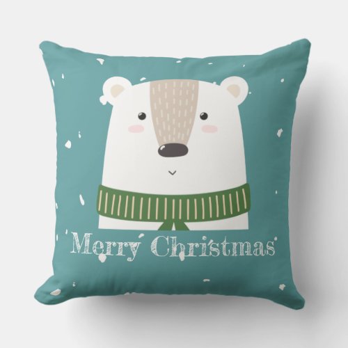 Custom text Merry Christmas Polar bear snow blue Throw Pillow