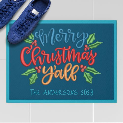 Custom Text Merry Christmas YALL BLUE RED GREEN Doormat