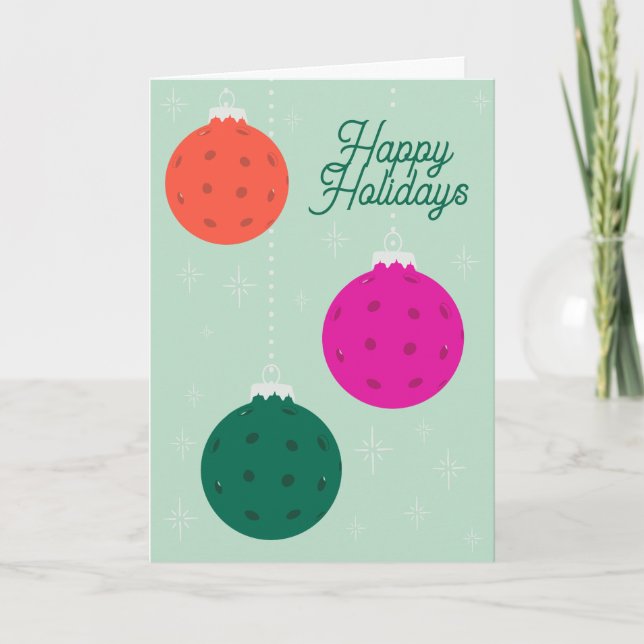 Custom Text Mint Magenta Pickleball Ornaments Holiday Card (Front)